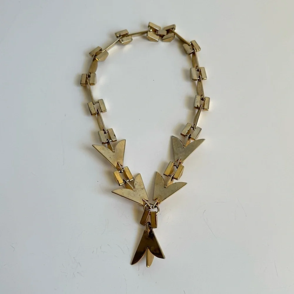 Vintage Modernist Necklace Gold Tone Retro Geometric 60s Collar Bib Runway Piece